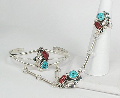 Sterling Silver, Turquoise and Coral Navajo Made Slave Bracelet